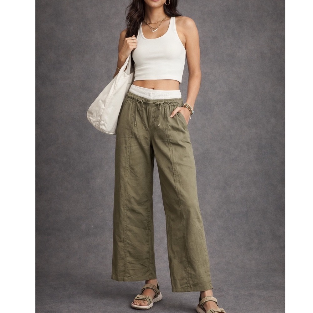 Anthropologie Daily Practice Wide Leg Parachute Pants Olive Green XL Cargo Baggy